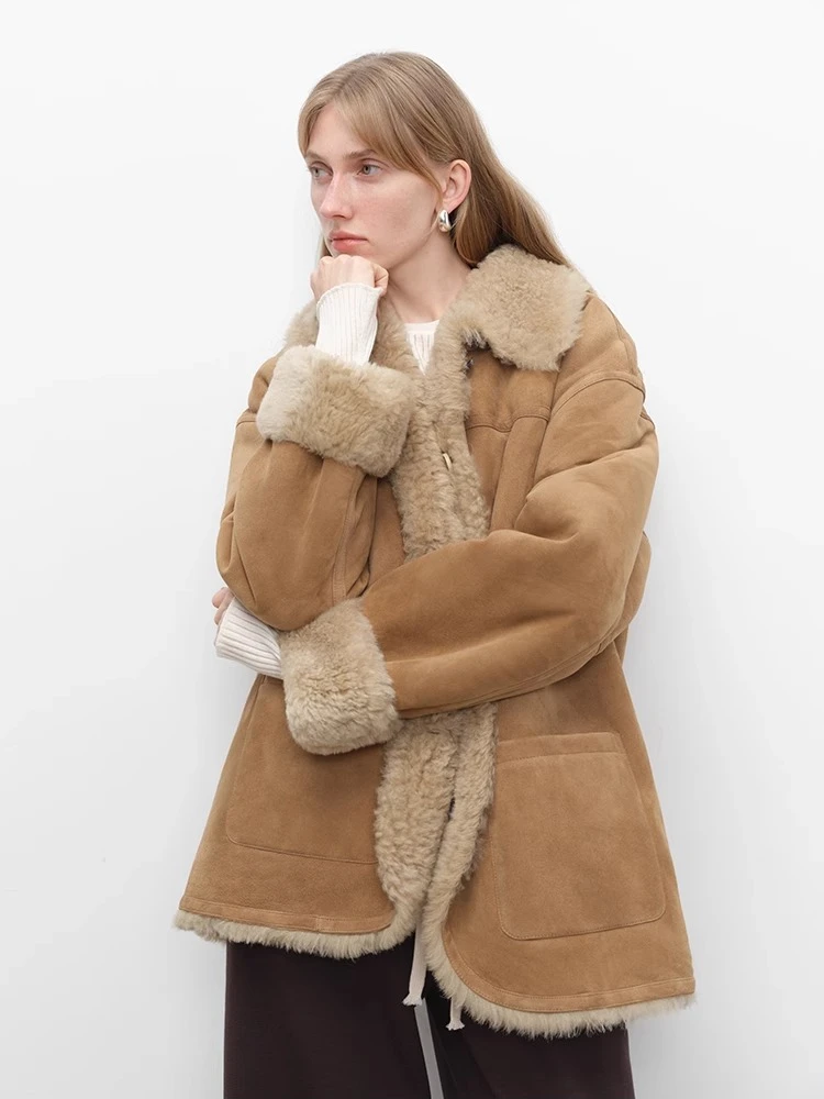 High-end Luxury Merino Sheep Fur Winter Suede Jackets Women Simple Double-sided Wear Design Genuine Leather Real Lamb Fur Coat