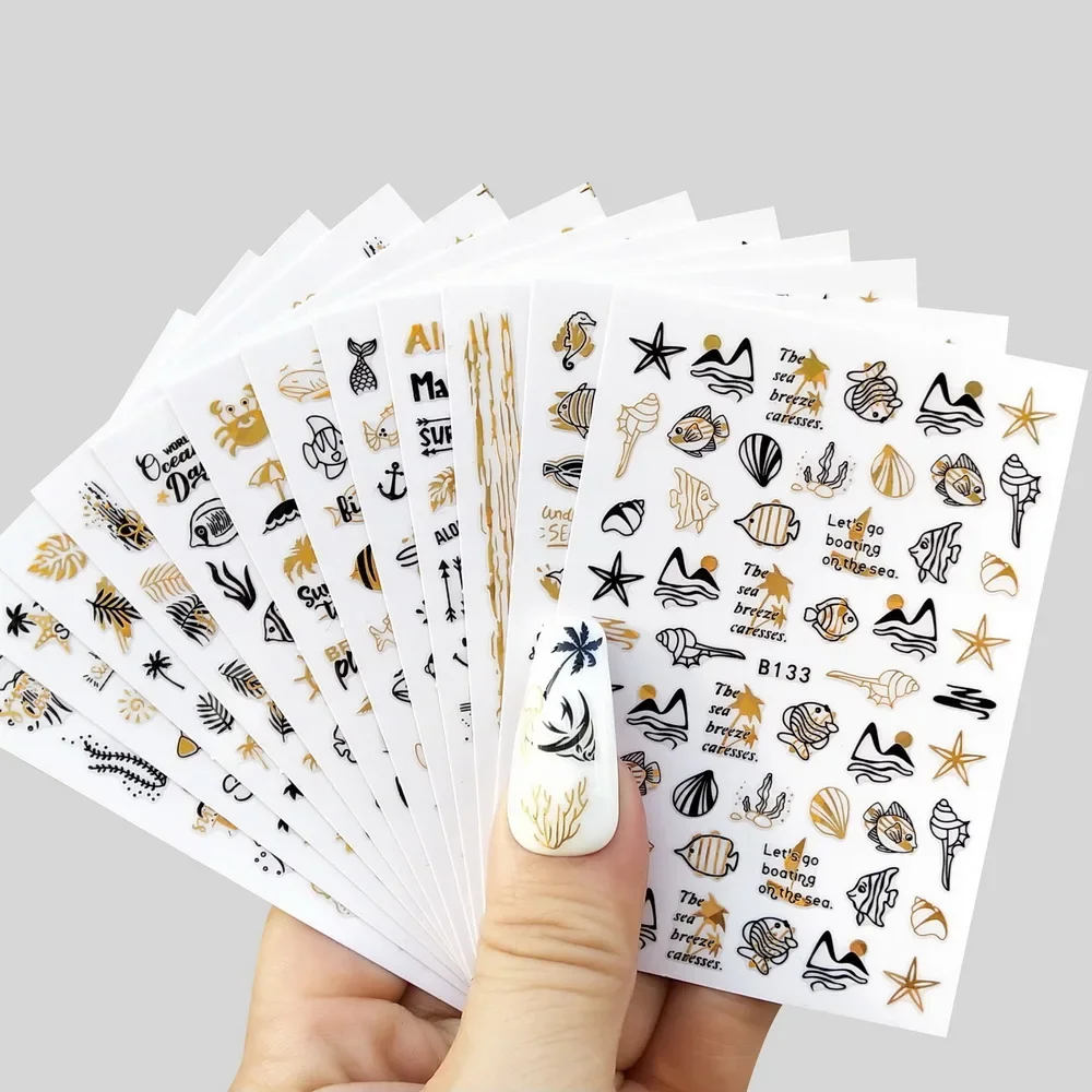 2025 Nail Art Stickers Sea Grass Gold Black Nail Decal Starfish Hippocampal Shell Nail Sticker Manicure Design Decals for Nails