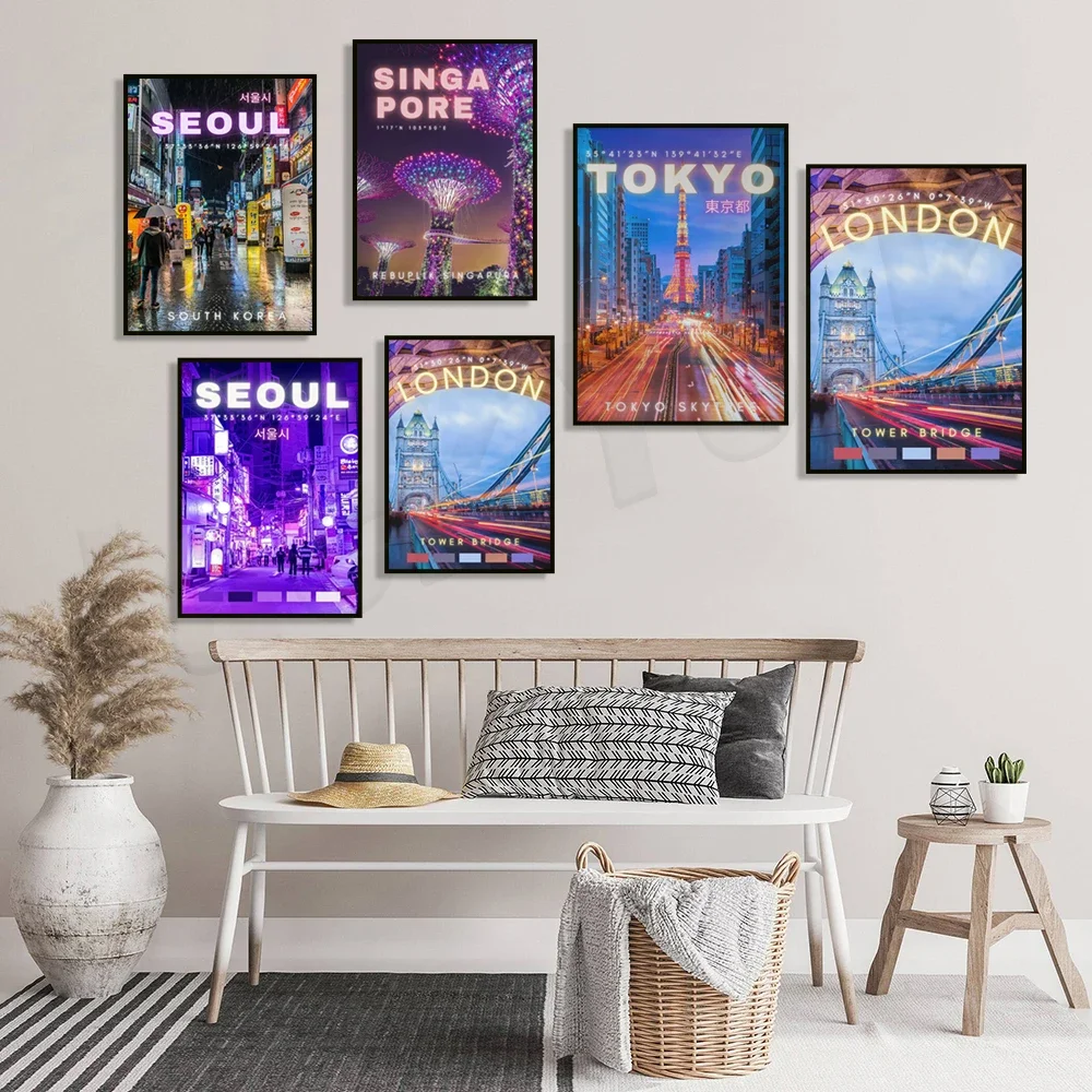 Tokyo, Seoul, Singapore, London, South Korea neon light effect poster, London wonderland, urban flat sci-fi poster, travel poste