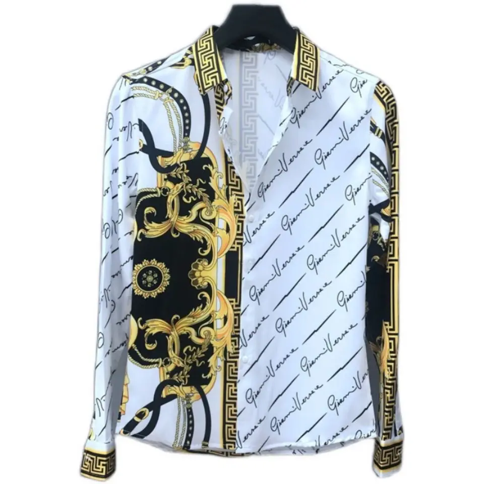 European Men's Spring And Autumn Long Sleeved Shirt, European And American Royal Court Style Retro Fashion Casual Print Lining