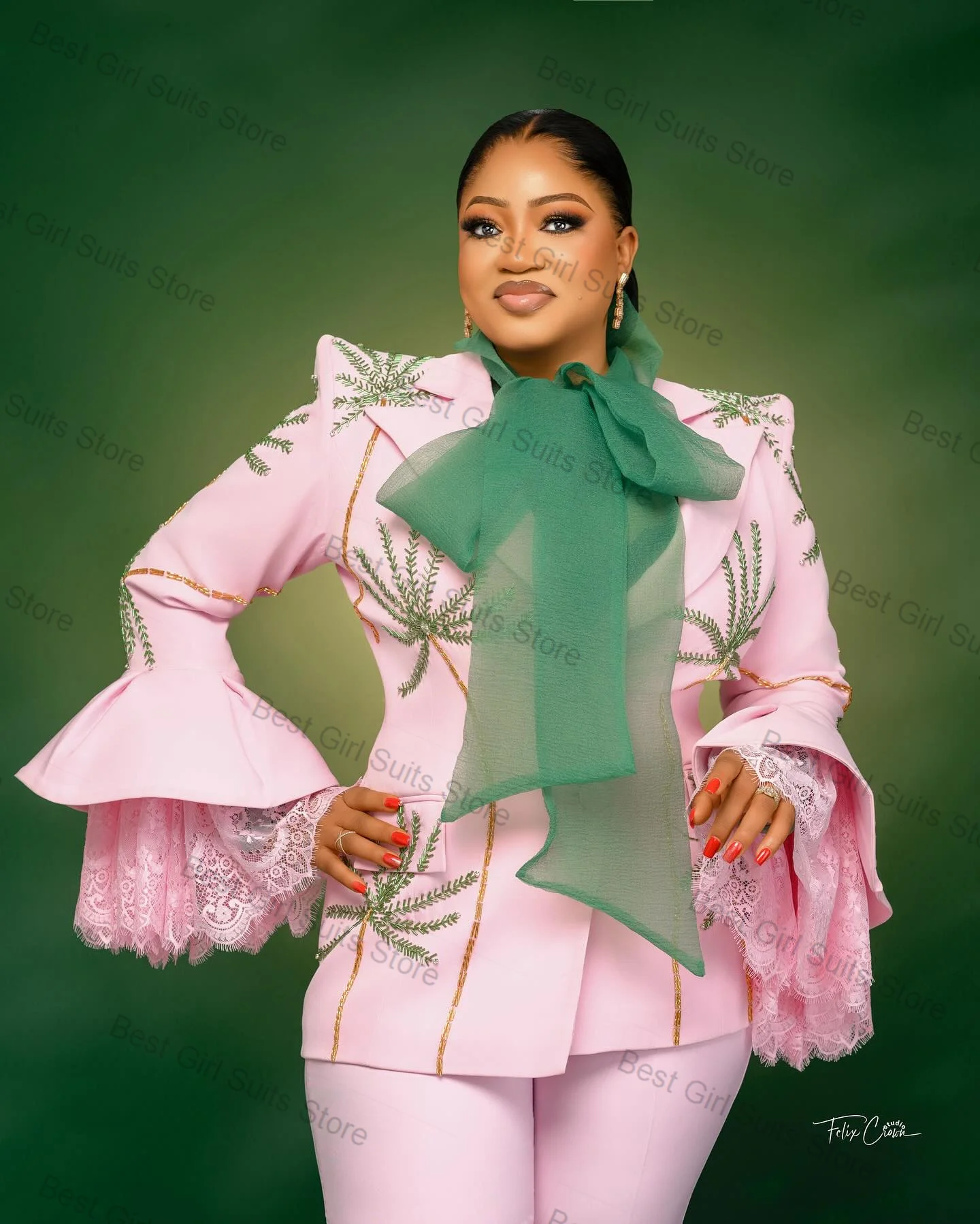 

Pink Women Suit Pants Set 2 Piece Blazer+Trousers Green Beaded Formal Office Jacket Flare Sleeve Customized Wedding Tuxedos Coat