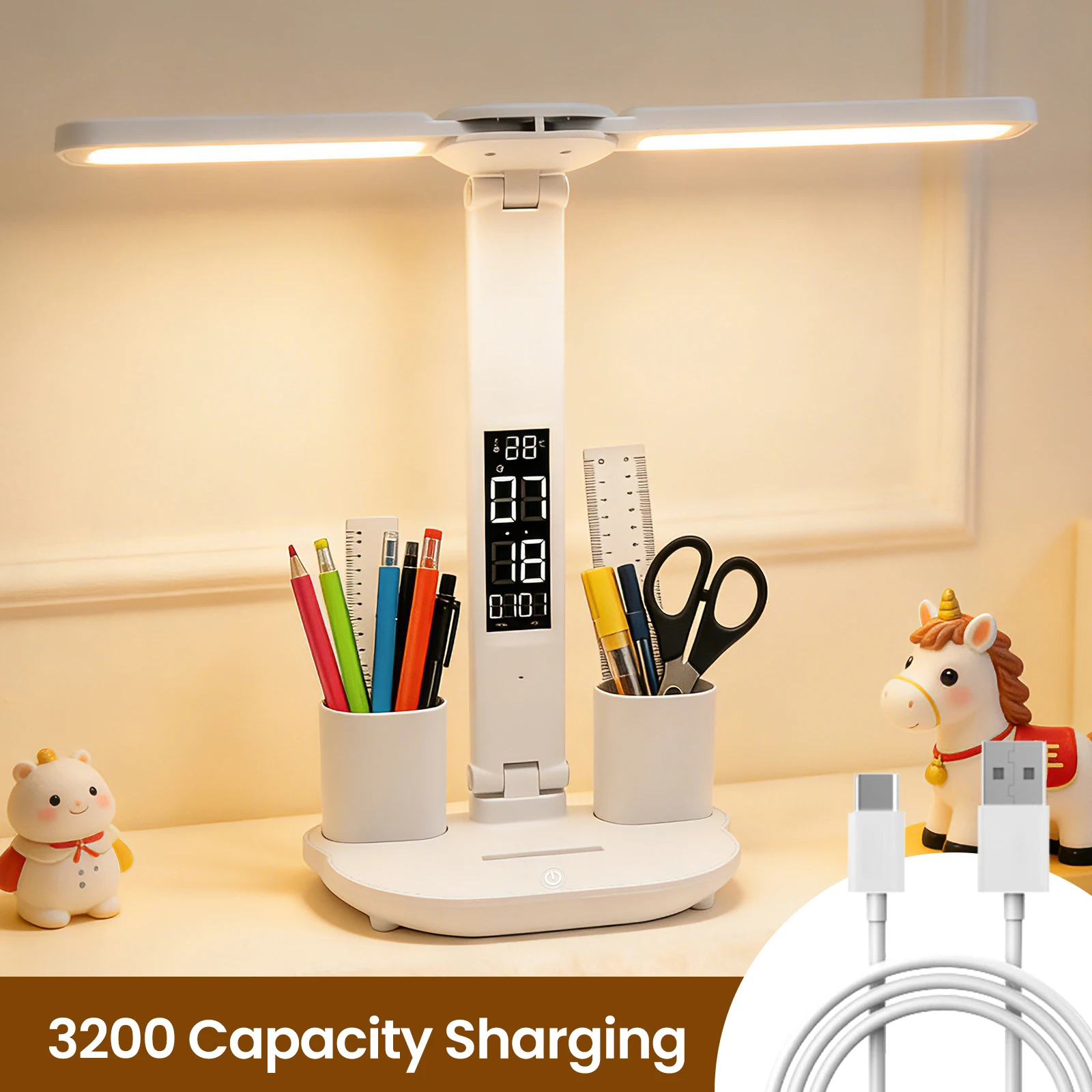 LED Table Lamp Double-Headed USB Chargeable Dimmable Desk Lamp with Calendar Clock Foldable Eye Protection Reading Night Light