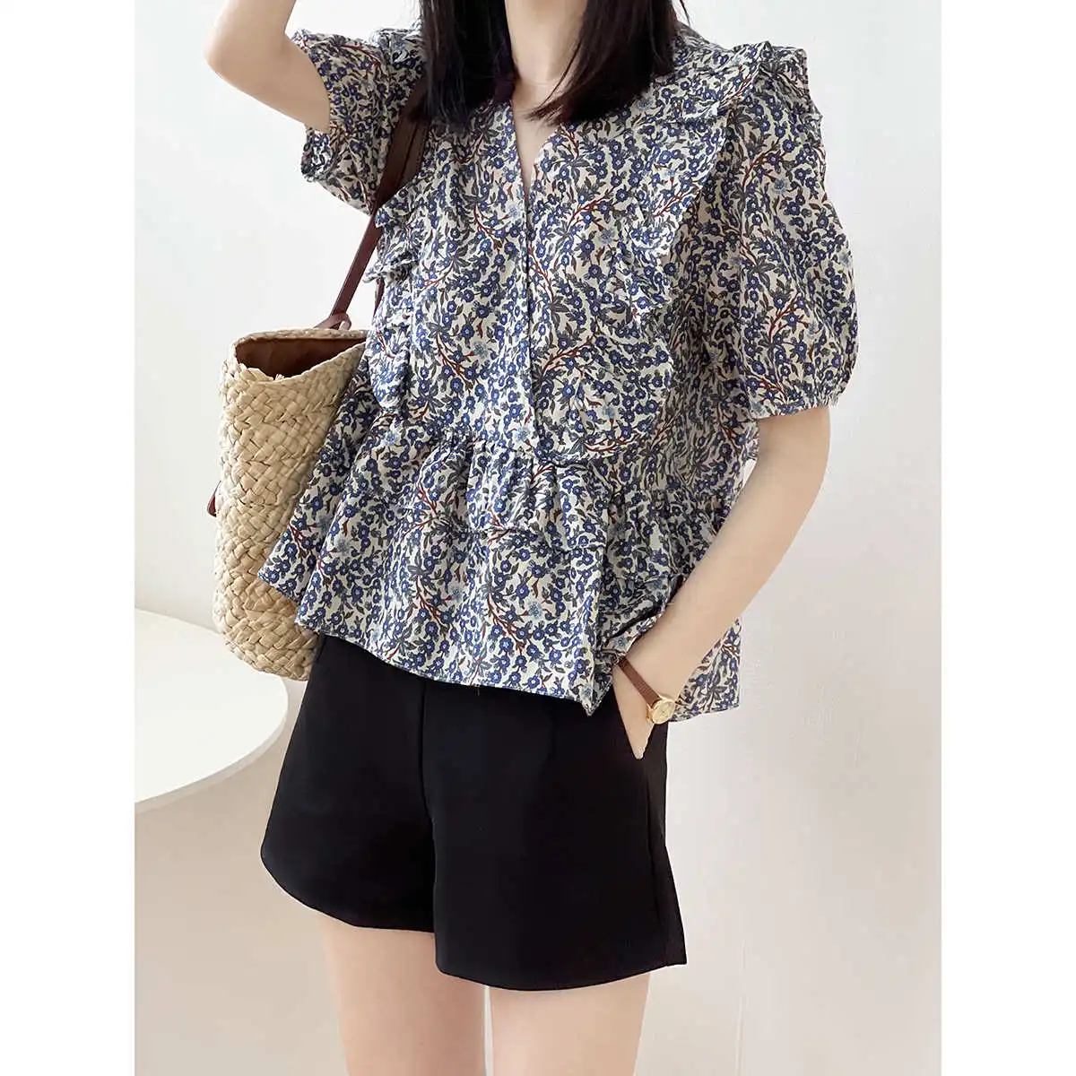 

Summer Double Floral ort Sve irts Women's Casual Sle Bubble Sve Cotton Blend Knot Front Open Cardigan