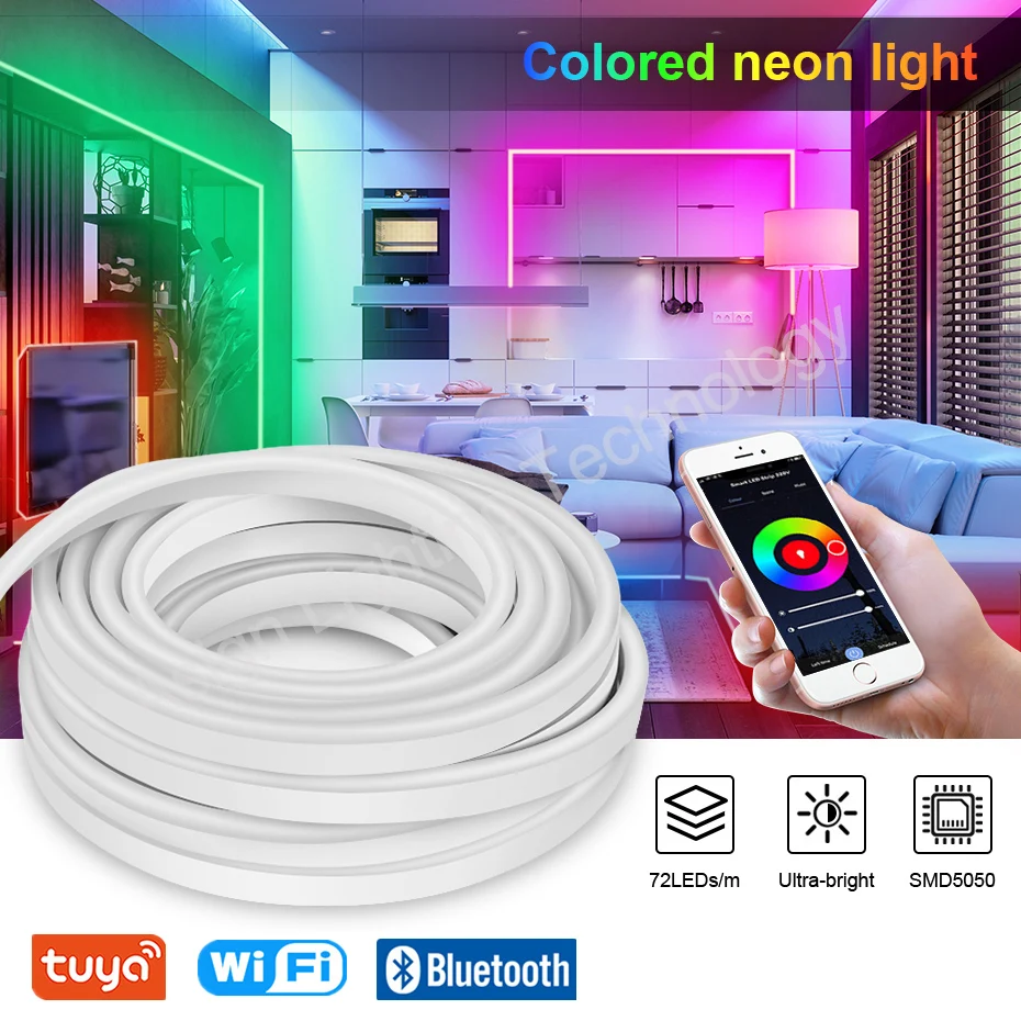 

Waterproof 20m 30m 50m 100m Tuya WiFi 220V RGB Neon Light Outdoor Garden Decor Soft Flexible Led Strip Tape 5050 Work With Alexa