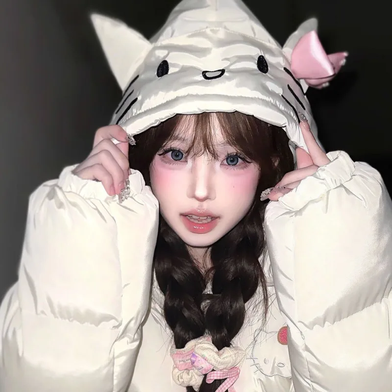 Sanrio Hello Kitty Sweet Cute Cotton Coat Women Winter New College Style Hooded Zipper Coat Simple Design Harajuku Cotton Jacket