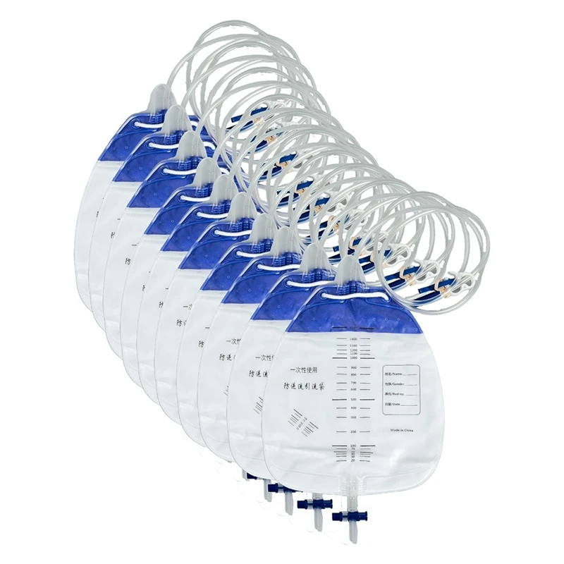 Urin-Entwässerungsbeutel mit 48 Zoll Rohrabfluss, Clips und Haken zum Aufhängen, Urinbeutel mit Anti-Reflux-Kammer, 1500 ml, 10er-Pack-ABVK