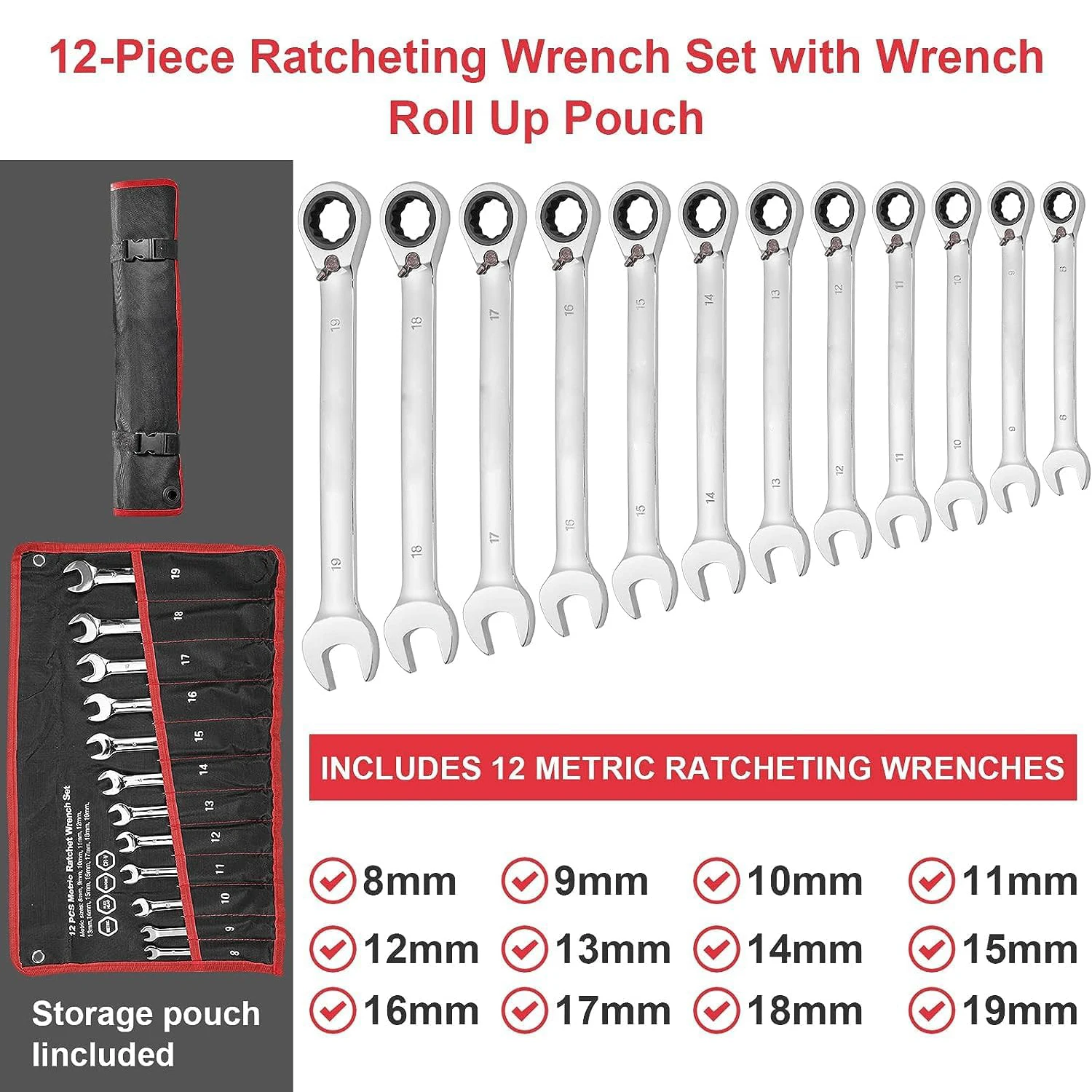 12-Piece Metric 6-19mm Ratcheting Wrench Set,Fixed Head Ratcheting Combination Wrenchs with Storage Bag