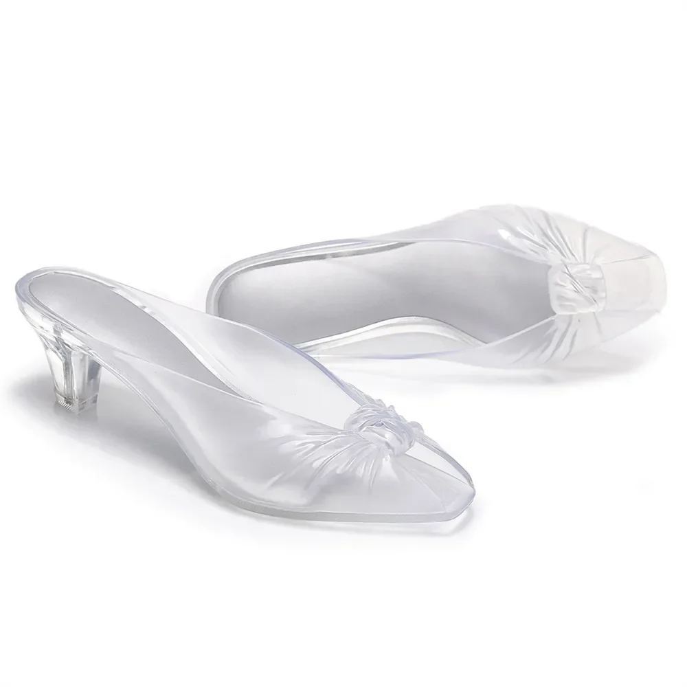 Sommerliche Damen-Sandalen in Rauchgrau, Jelly-Mules mit geknoteter Vorderseite, Peeptoe, transparent, mit mittelhohem Absatz, zum Hineinschlüpfen, für lässige Strandpartys. – Detail 6