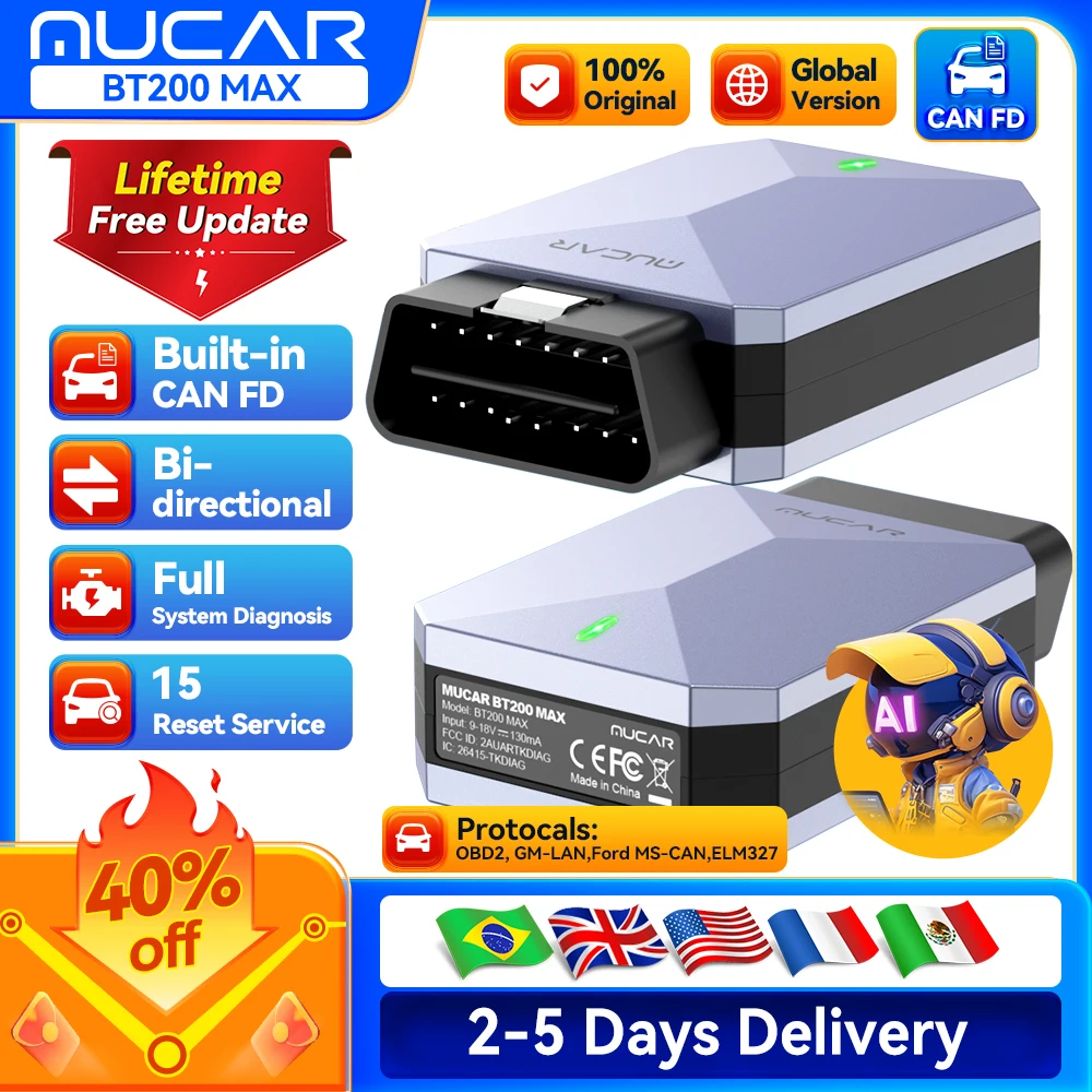 MUCAR BT200 Max OBD2 Scanner CAN FD Bi-Directional Control All System Diagnostic Tool 15 Reset for All Cars Lifetime Free Update