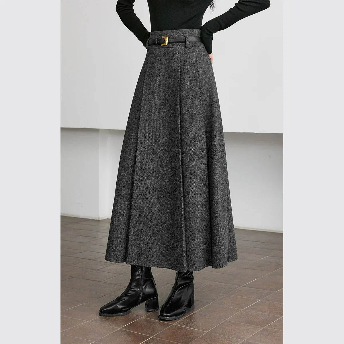 Elegant Simple 37.2% Wool Blended Pleated Skirt Winter High Waist Stereo Heavy Duty Skirt For Women Office Lady Clothes