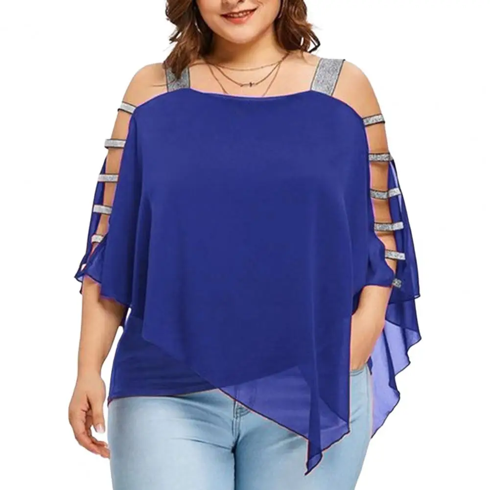 Plus Size Women T-Shirts Solid Color Hollow Out Boat Neck Batwing Sleeves Casual Top Plus Size T-Shirts