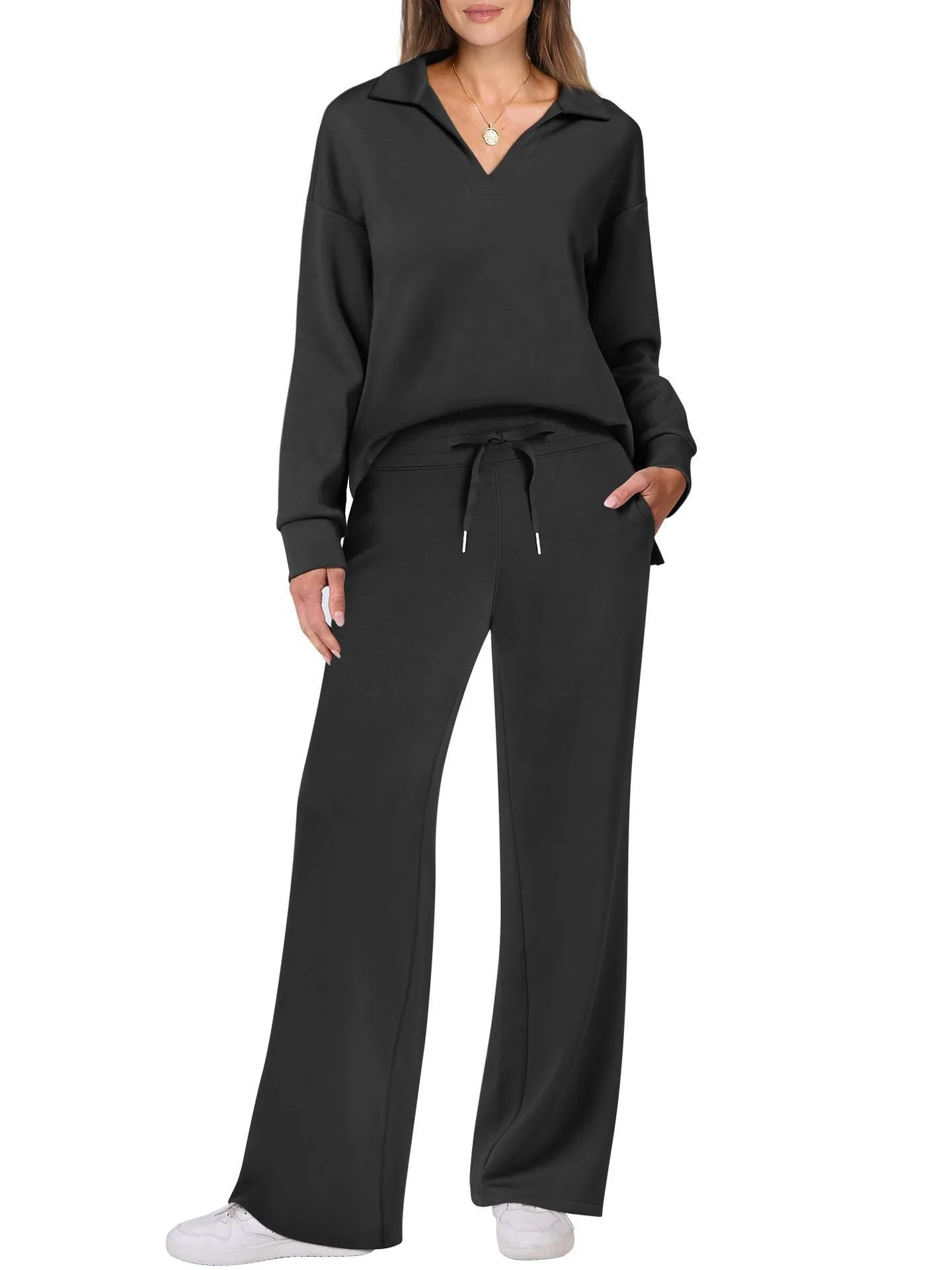 

Autumn Winter Fashion V-Neck Color Loose Long Sleeve Hoodie Drawstring Pants Casual Morning Run Two-Piece Set Women