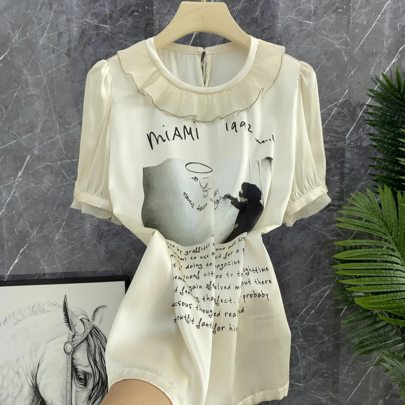 

Silk Satin ort Sve T-irt HK Nelet Letter Print Street Sle round Ne Casual Fit Summer Faion Ladies Top