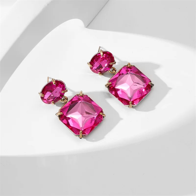 Multi Colors Exquisite Crystal Fuchsia Pink CZ Geometry Drop Earrings Square Earings Ins Women Girl New