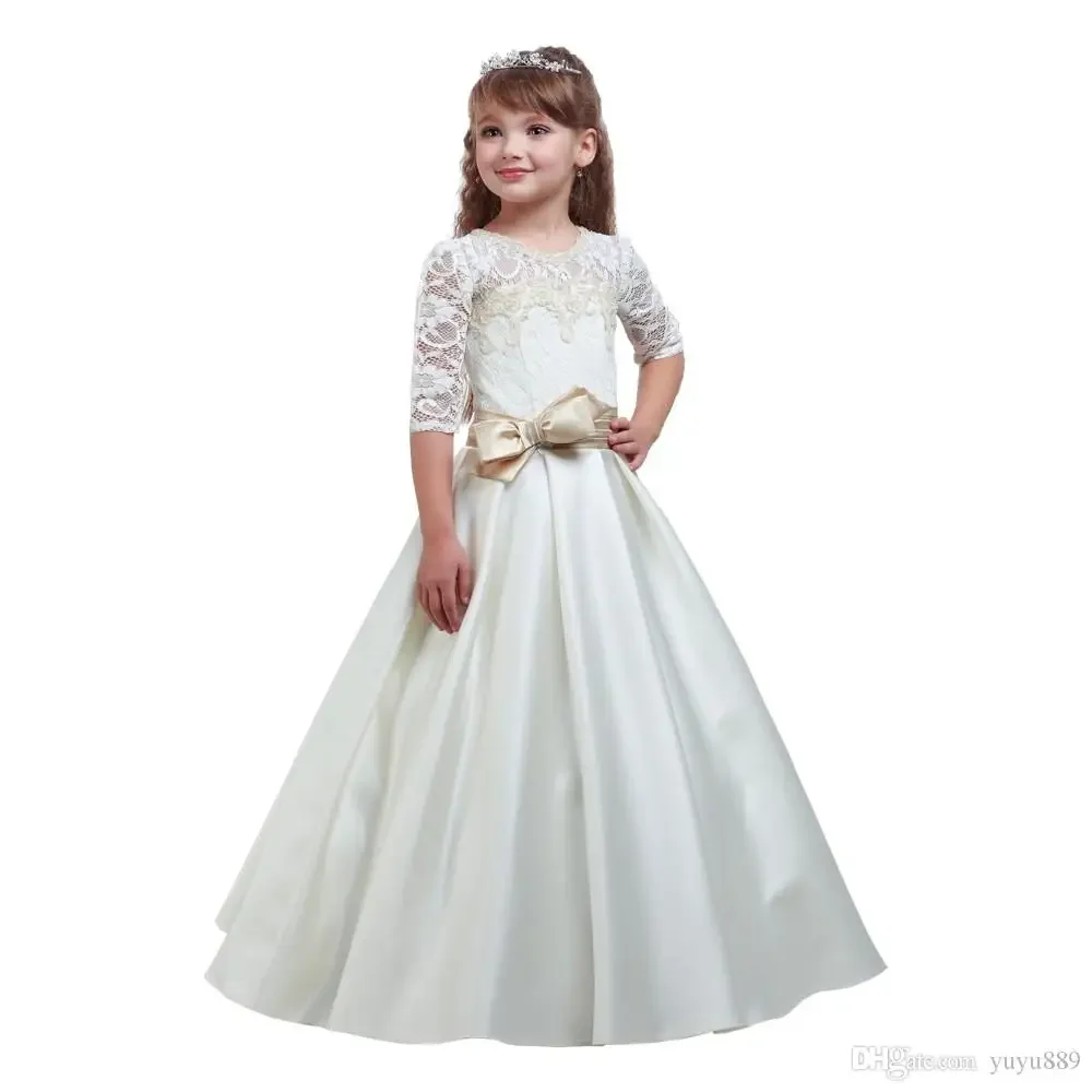 

Square Neckline Flower Girl Dresses for Beach Wedding Half Long Sleeves Chiffon Tiered Girls Pageant Gowns Kids Formal Wear