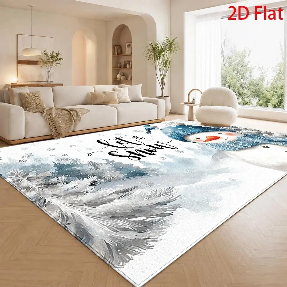1pc Jumbo Winter Wonderland Snowman Area Rug, 2D Flat Design, Watercolor Blue & White Snowflake Cozy Pattern, Machine Washable