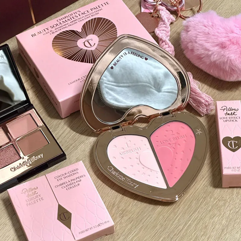 CT 4 Colors Pink Diamond Heart-Shaped Lipstick Luminous Lip Glow and Two Color Heart Shape Powder Blusher Nature Flawless Makeup