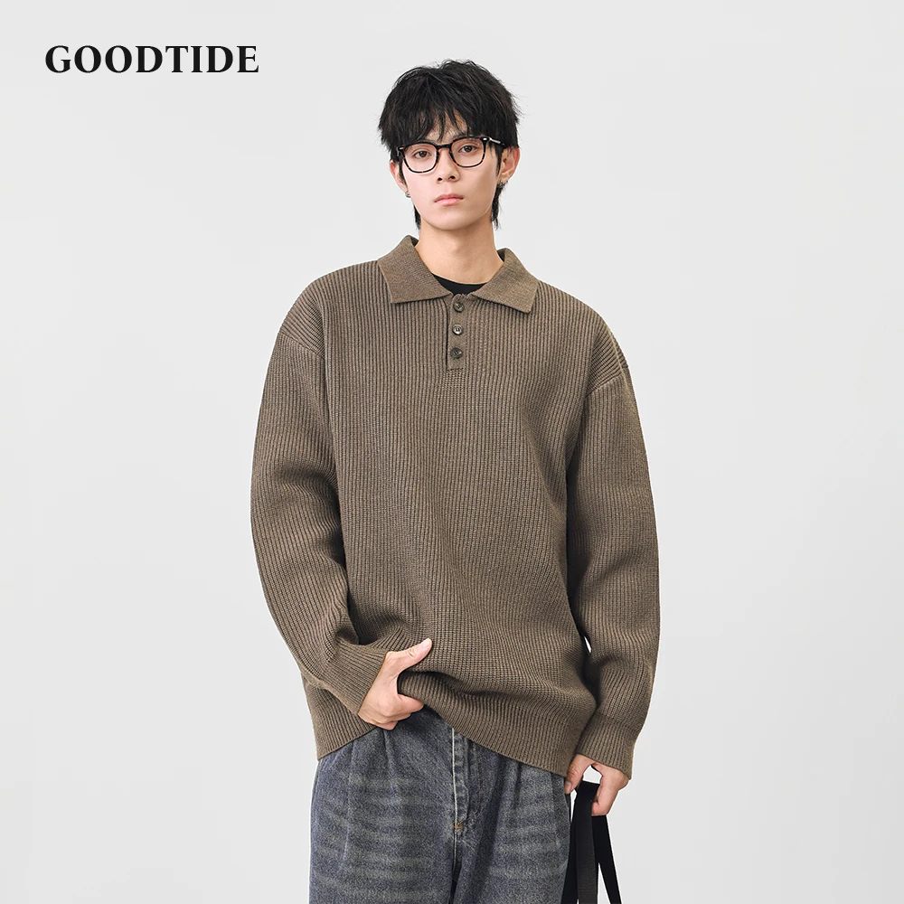 Fashion Men's Casual Polo Collar Sweater 2025 Winter New Ribbed Knitted Pullover Button Placket Soft Long Sleeve Jumper Top