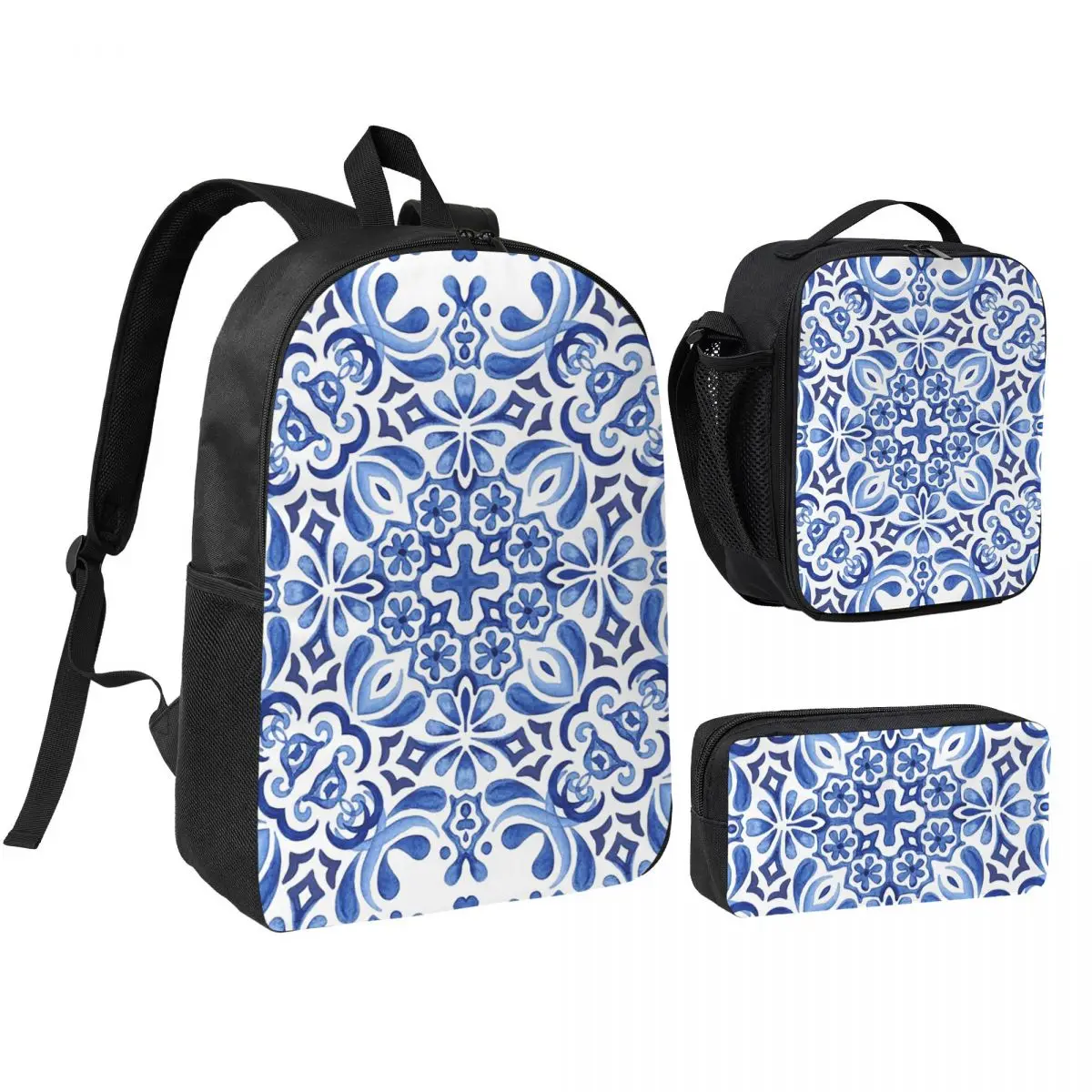 Mediterranean Mosaic Tiles Azulejos Backpack Student BookBag School Bag Shoulder Bags 3ps Insulated Lunch Bag Pencil Case