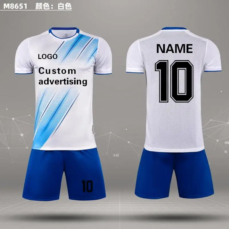 Custom camisa de futebol de manga curta e shorts conjunto, marca desgaste, azul, vermelho, branco, modelo 8651, 23-24, verão