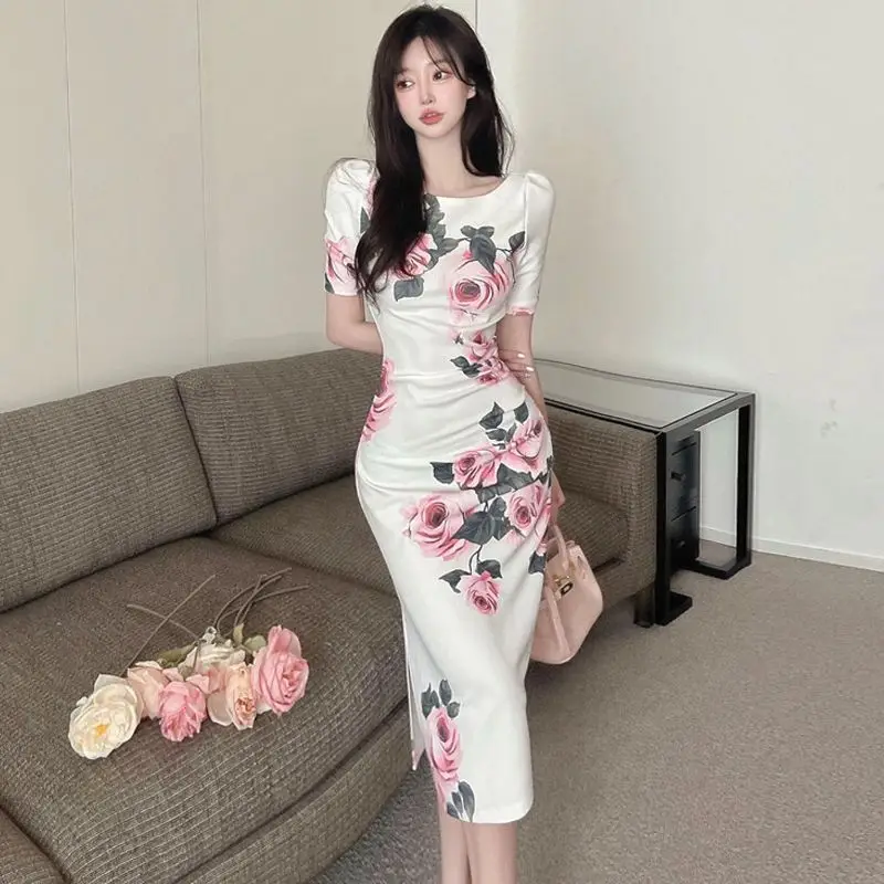 Short Sleeve Crew Neck High Waist O Collar Dress Professional Women's Office Pencil dress Fashion Slim Women's Knee Dress