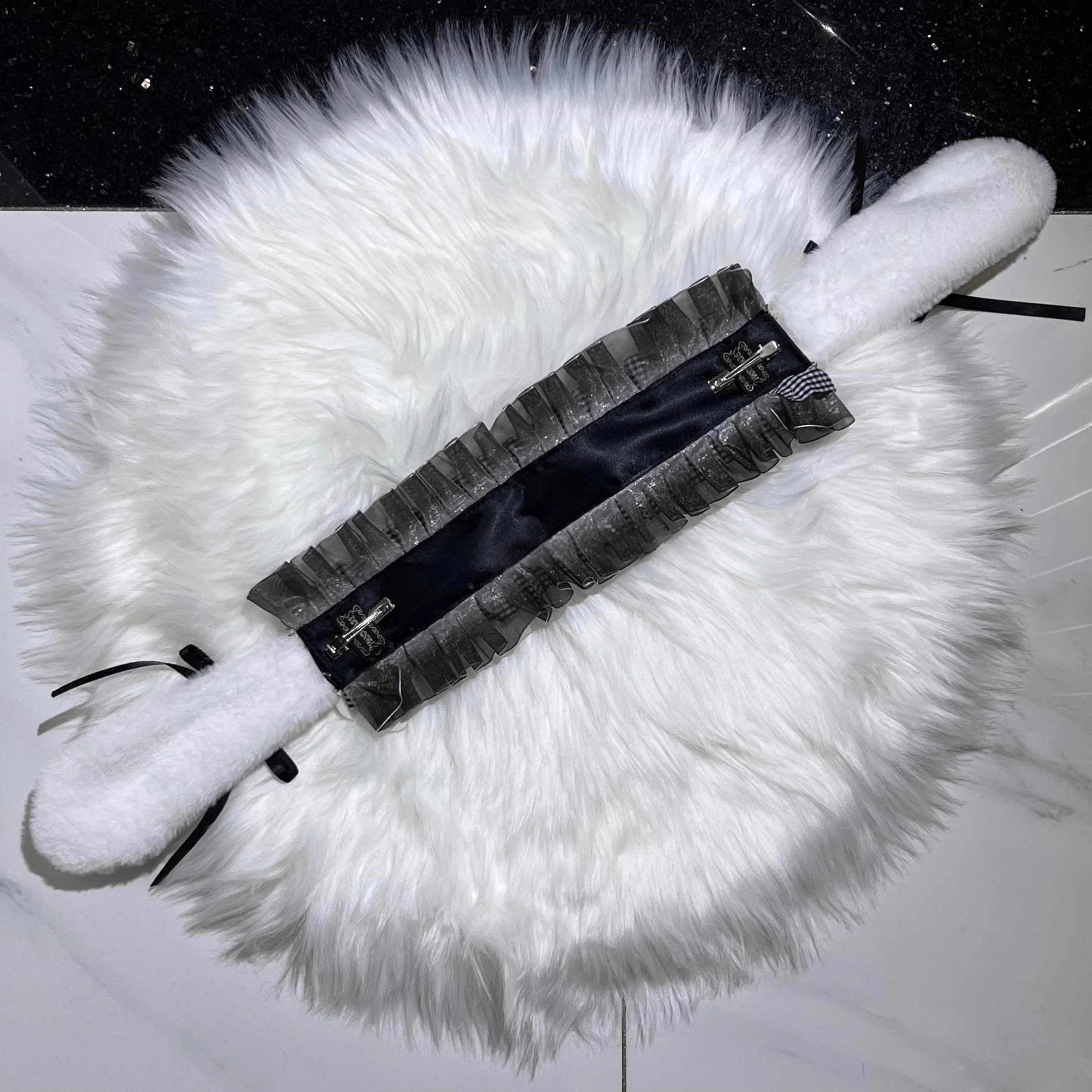 Nieuwe handgemaakte Lolita Gothic zwart-wit geruite engel konijn oor hoofdband subcultuur Y2K meisje hart vleugels hoofddeksel