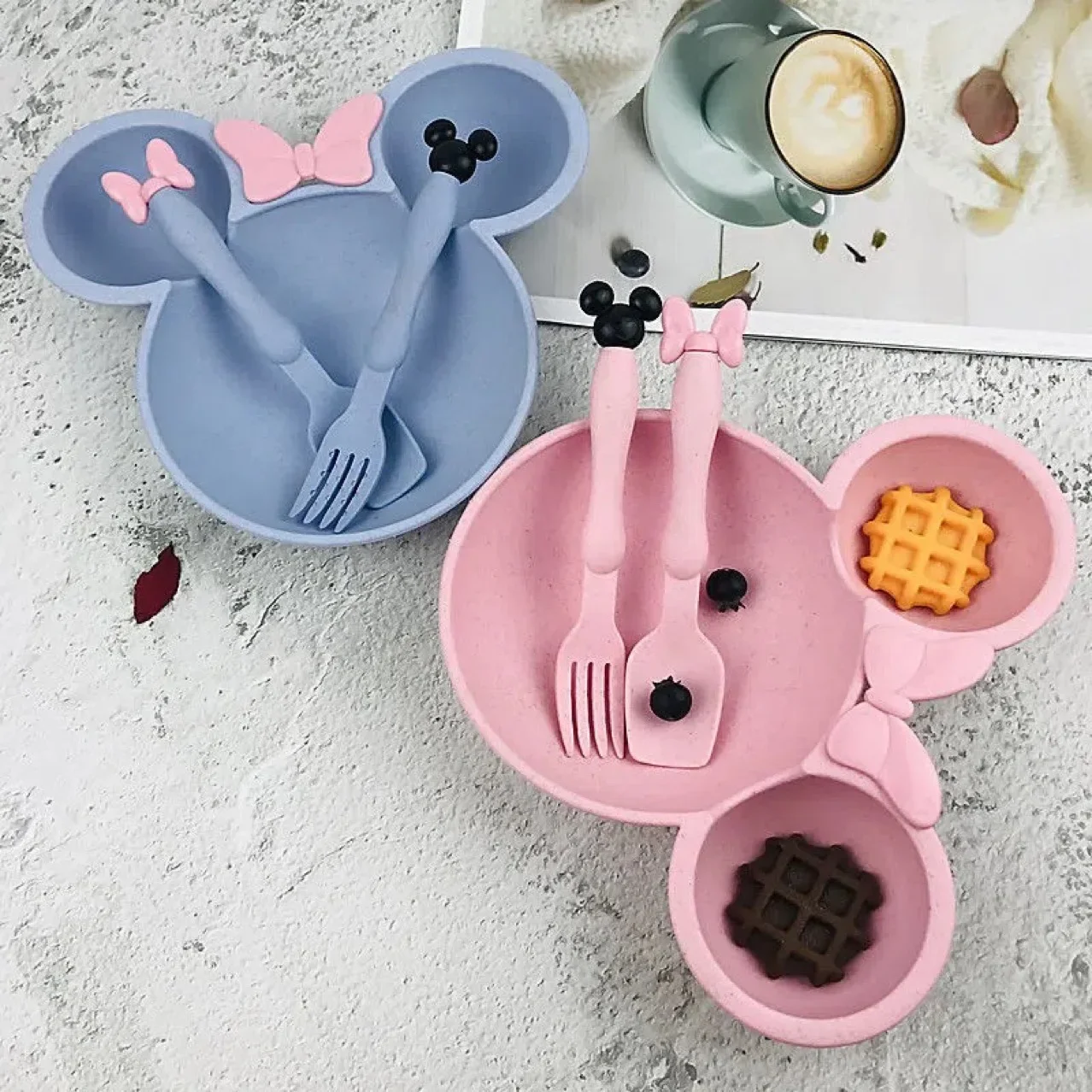 3Pcs/set Cartoon Baby Bowl Tableware Set Wheat Straw Children's Dishes Kids Dinner Feeding Plate Bowknot Food Plate Spoon Fork image 3