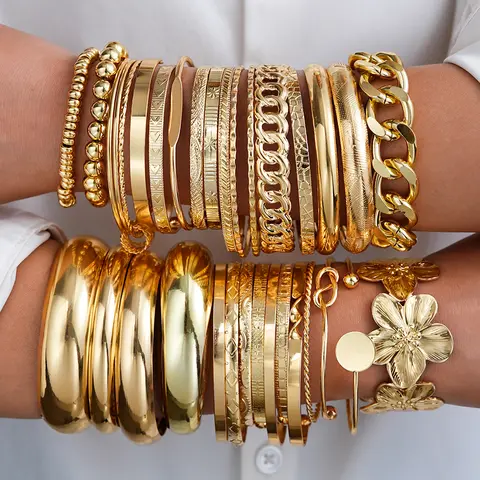 Vintage Elegant Multi-Piece Stacking Bracelets Set Fashion Minimalist Delicate Floral Geometric Smooth Bangle Holiday Jewelry