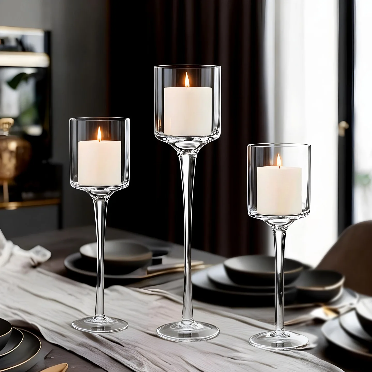 Tall Stem Glass Candle Holders Set, Clear Goblet‑Style Pillar Candle Holders for Wedding Dining Table Home Decor