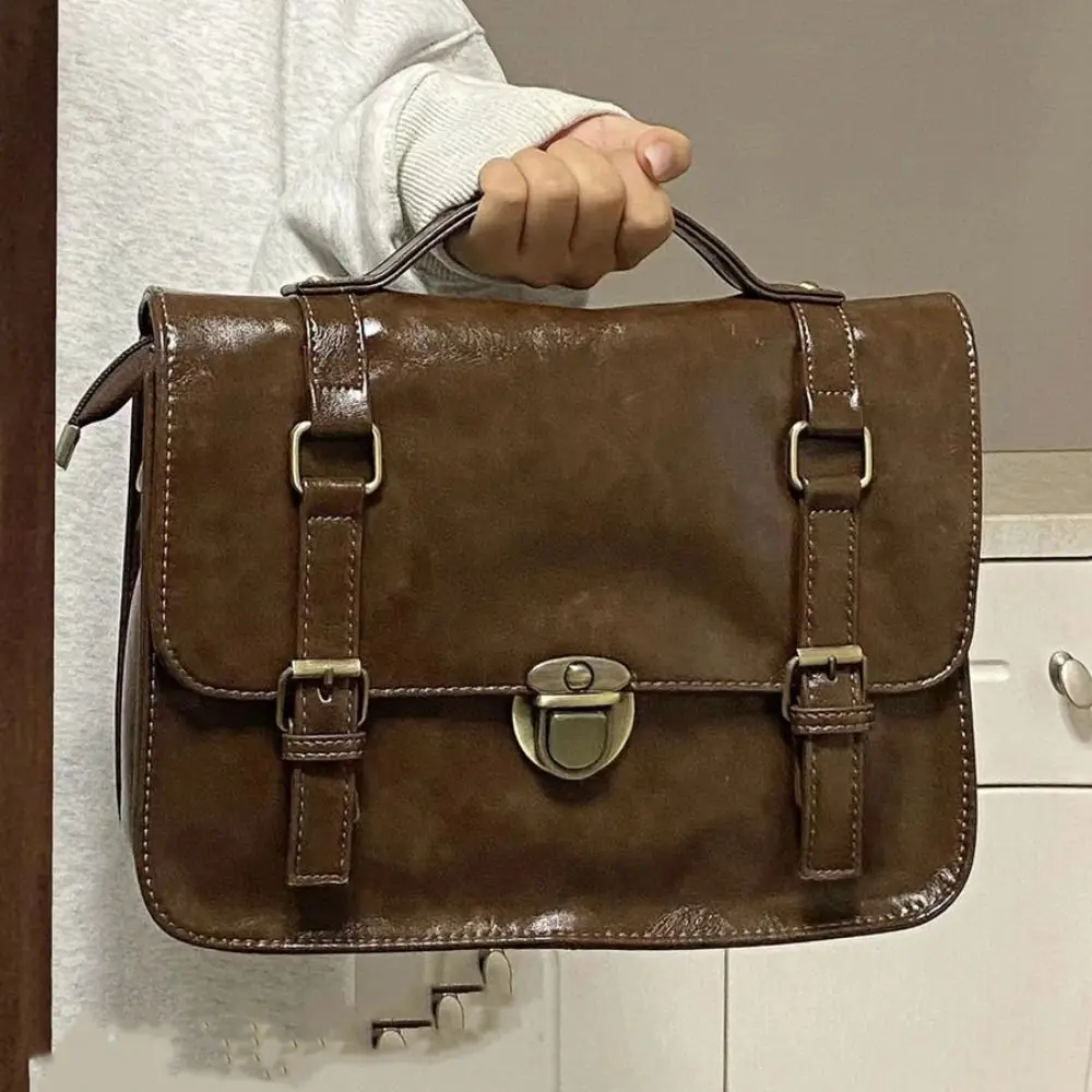 Vintage Buckle Mailman Bag Solid Color Satchel Handbag Retro Shoulder Bag High-capacity Underarm Bag Student Commuting Briefcase