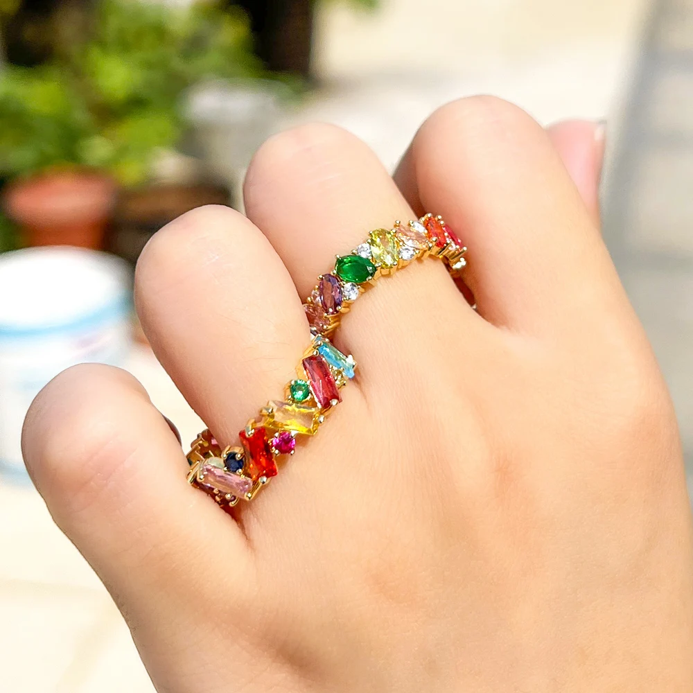 CWWZircons-Anillo de circonia cúbica para mujer, sortija de fiesta Multicolor de grado 5A, con incrustaciones de circonia cúbica, Color dorado, arcoíris, R242