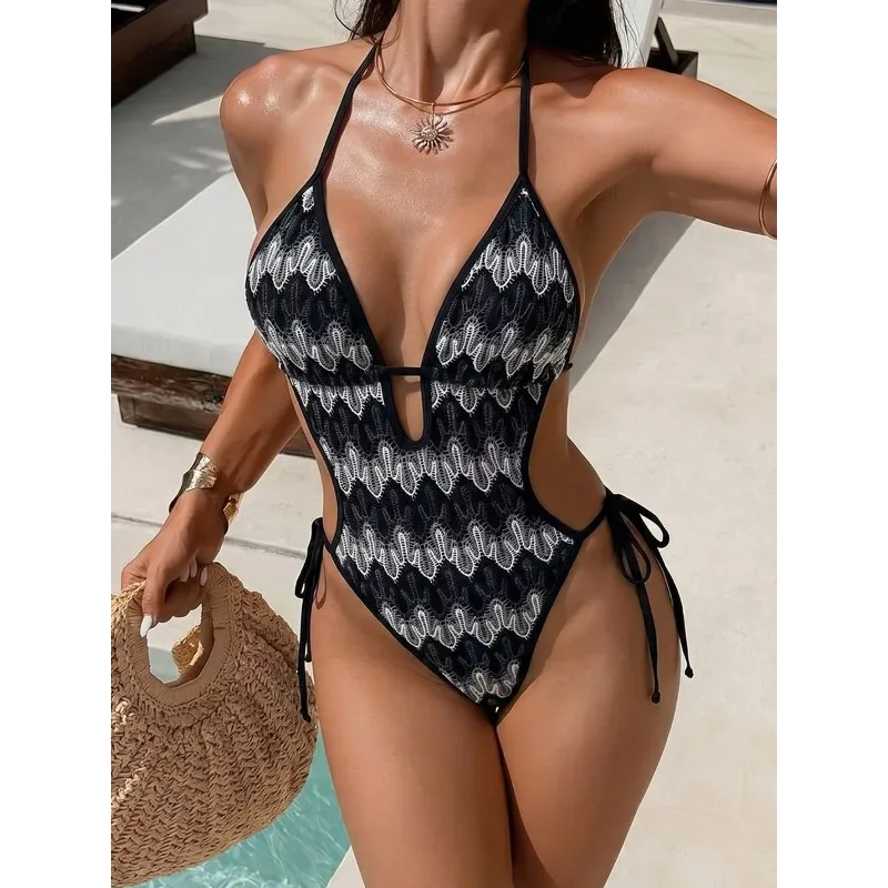 Women One Piece Swimsuit Tie Straps Hollow Jacquard Fabric Fashion Cutout Monokini Elegant Body Shaping Bikini Style Swimwear