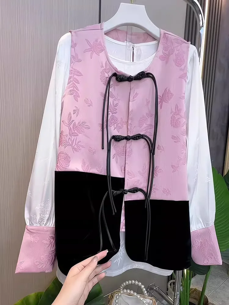 

New Chinese Style Buttoned Blouse And Vest Two-Piece Set Women's Spring Large Size Fashionable Slimming Traditional Shirt Out...