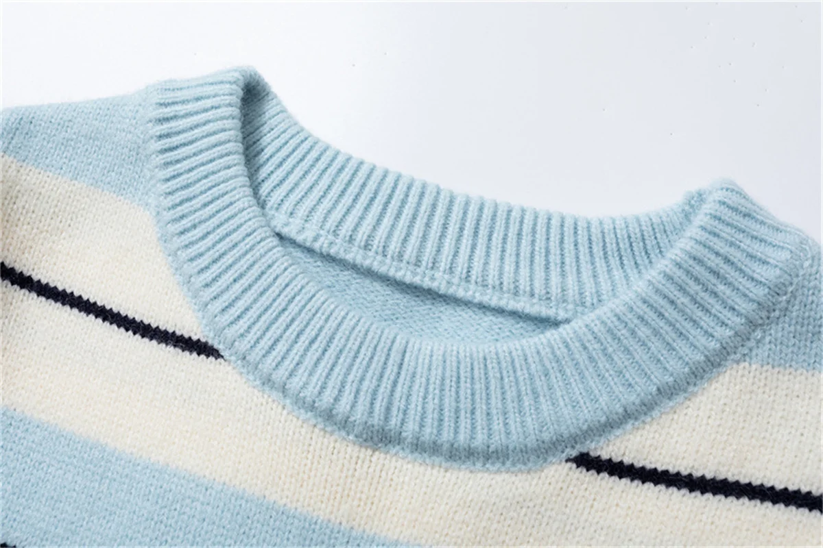 2024fw Feavyweight Striped Round Neck Sweater Men Women Knitted Sweater Loose Inner Layer Base Pullover Sweater