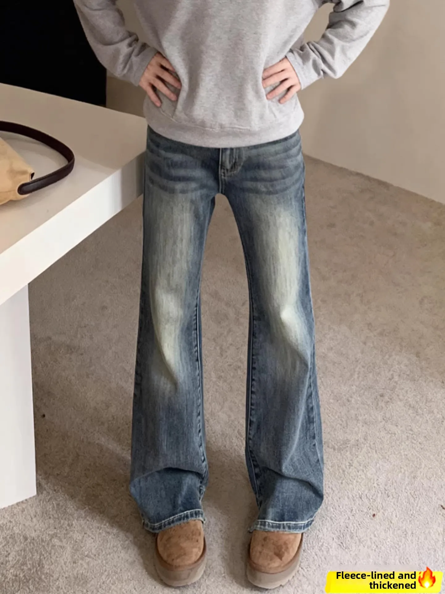 

Retro Blue Thiened Fce Men's Jeans High Waist Straight Leg Pants American High Street Sle Winter Casual Youth Faion