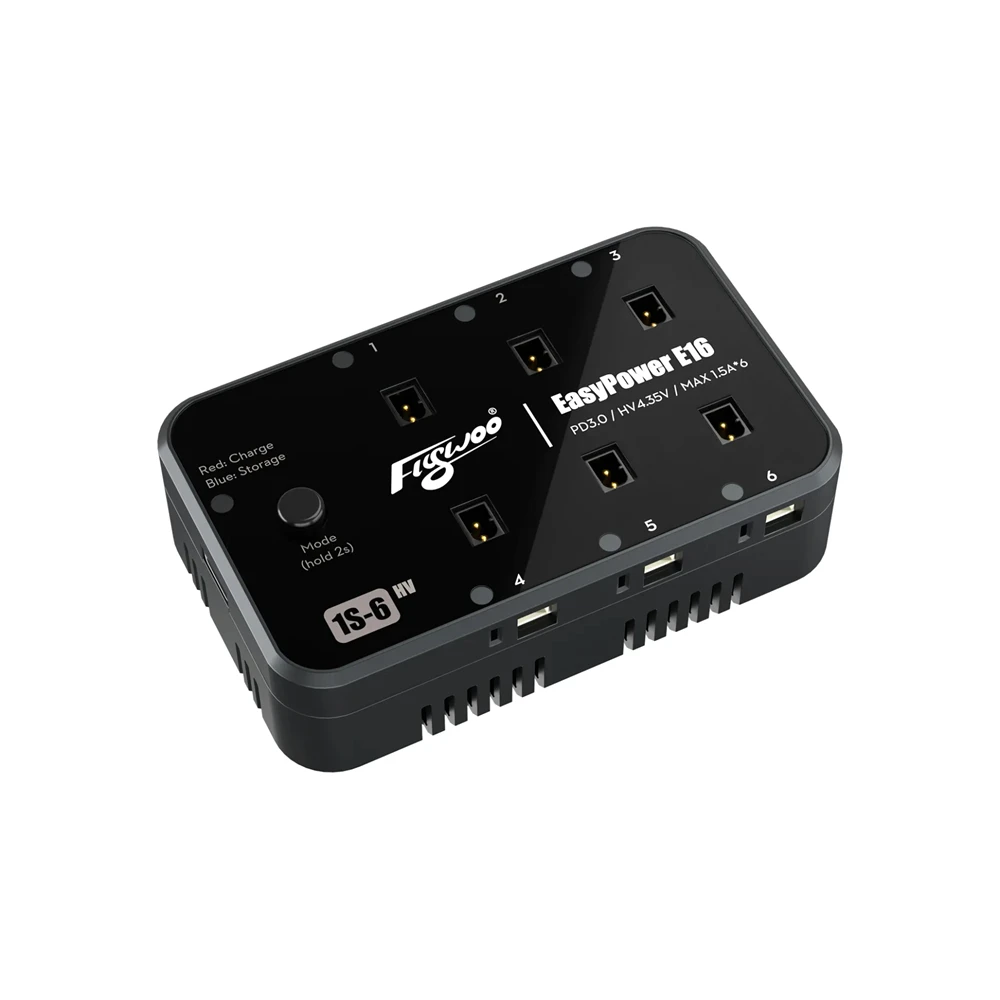 

Зарядное устройство Flywoo EasyPower E16 1S MAX 1,5A*6 45 Вт PD3.0 для зарядки аккумулятора LiHV 4,35 В 1S-6