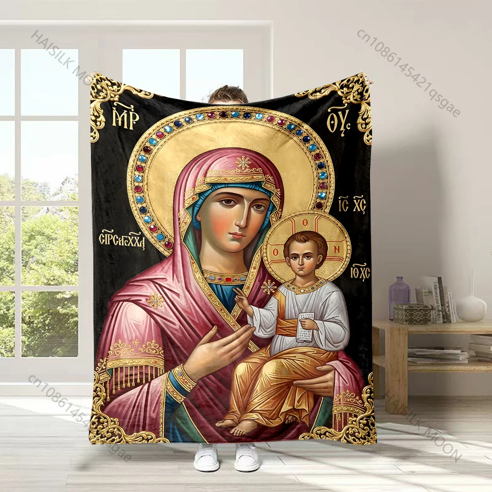 1PC Religious icon mother and child Faith-printed Flannel Blanket Soft and Warm Suitable for Home Travel Picnics Camping RV