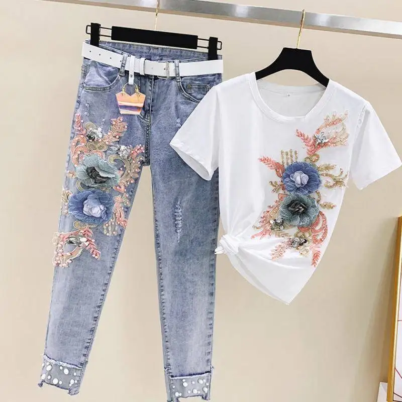 

European Station2024Summer New Korean Style Heavy Industry Beads Embroidered Short Sleeve+Skinny Ripped Jeans for Women Suit