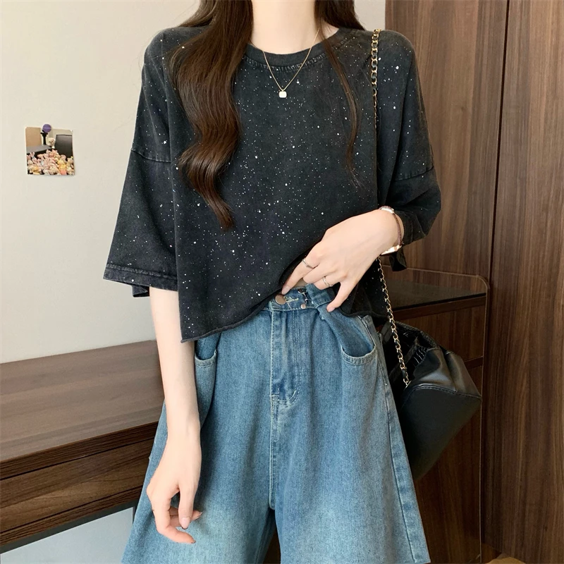 Vintage-Mode Diamanten Frauen T-Shirt 2025, vielseitig, lose O-Ausschnitt, halbe Ärmel, bauchfreie Tops, neuer koreanischer Stil, schwarze T-Shirts