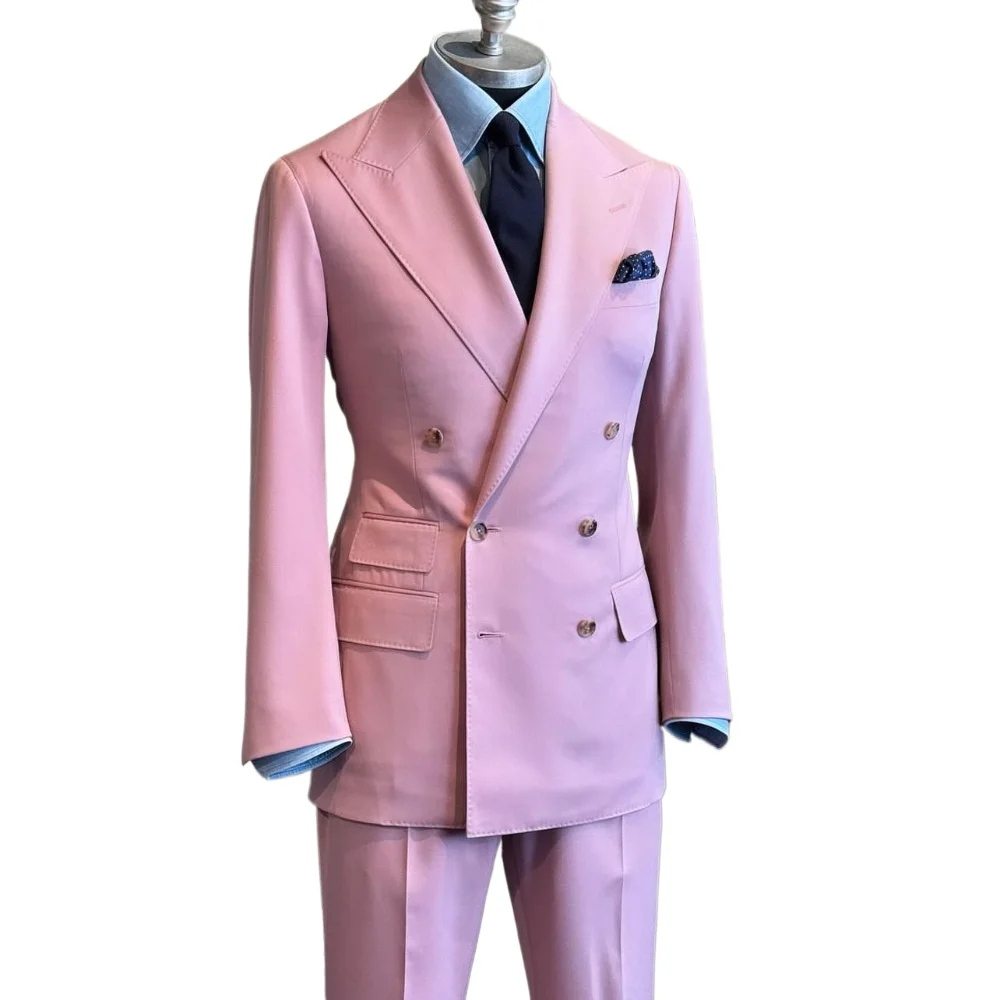 Elegant Pink Suits For Men Double Breasted Business Blazer Wedding Groom Tuxedo Slim Fit 2 Piece Jacket Pants Terno Masculino