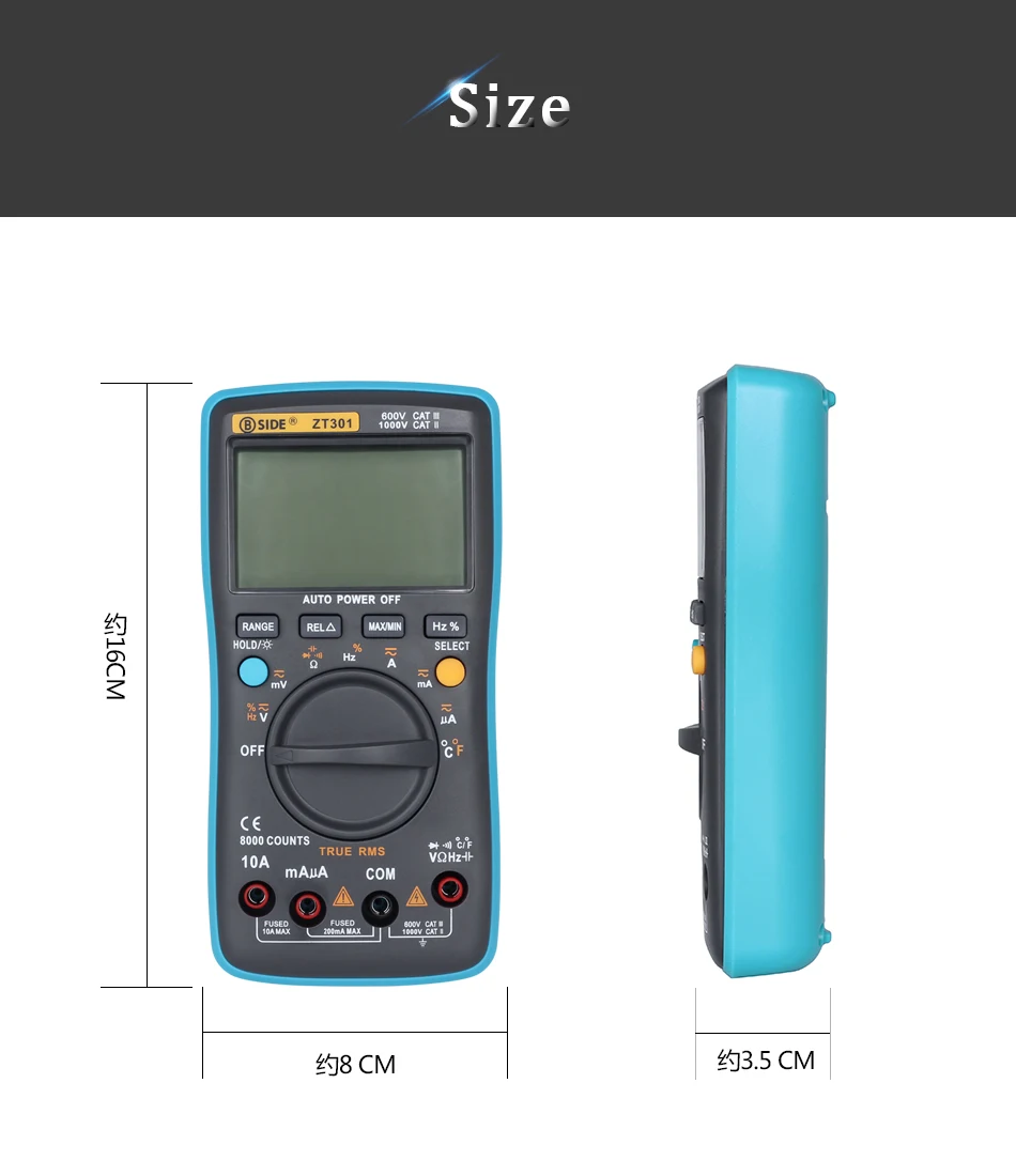 BSIDE Digital Multimeter ZT301 True-RMS DC/DA Voltmeter Ammeter Multimetro DMM Resistance Ohm Cap Hz Temp Tester