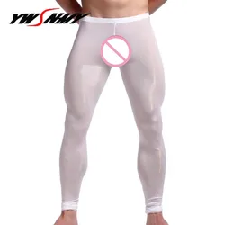 New Men's Sexy Nylon Transparent Long Johns Homme Lce Silk Sheer Leggings Bottoms Gay Spandex Lounge Tights Underwear Homewear