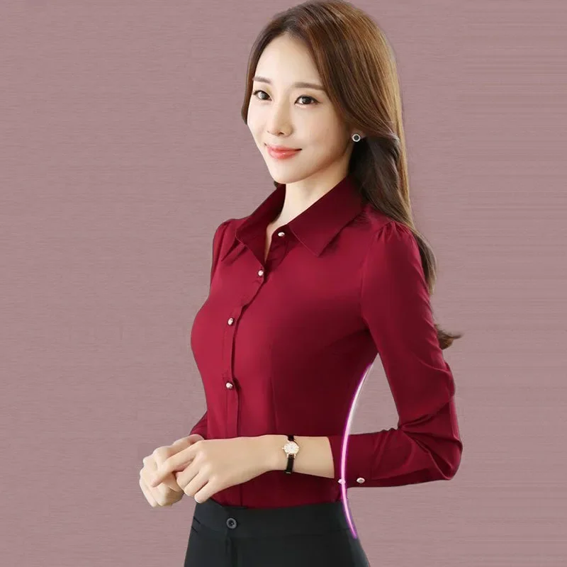 Vermelho camisas de manga longa feminina primavera outono novo coreano emagrecimento formal ocupação ol camisa all-match básico escritório senhora blusa