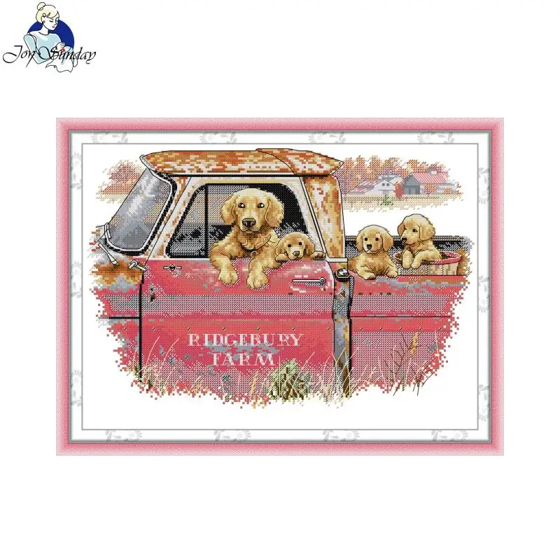 Joy Sunday Golden Retrievers Pattern Printed Counted Cross Stitch Kits Aida 16/14CT DIY Folk Crafts Home Decor Embroidery Sets