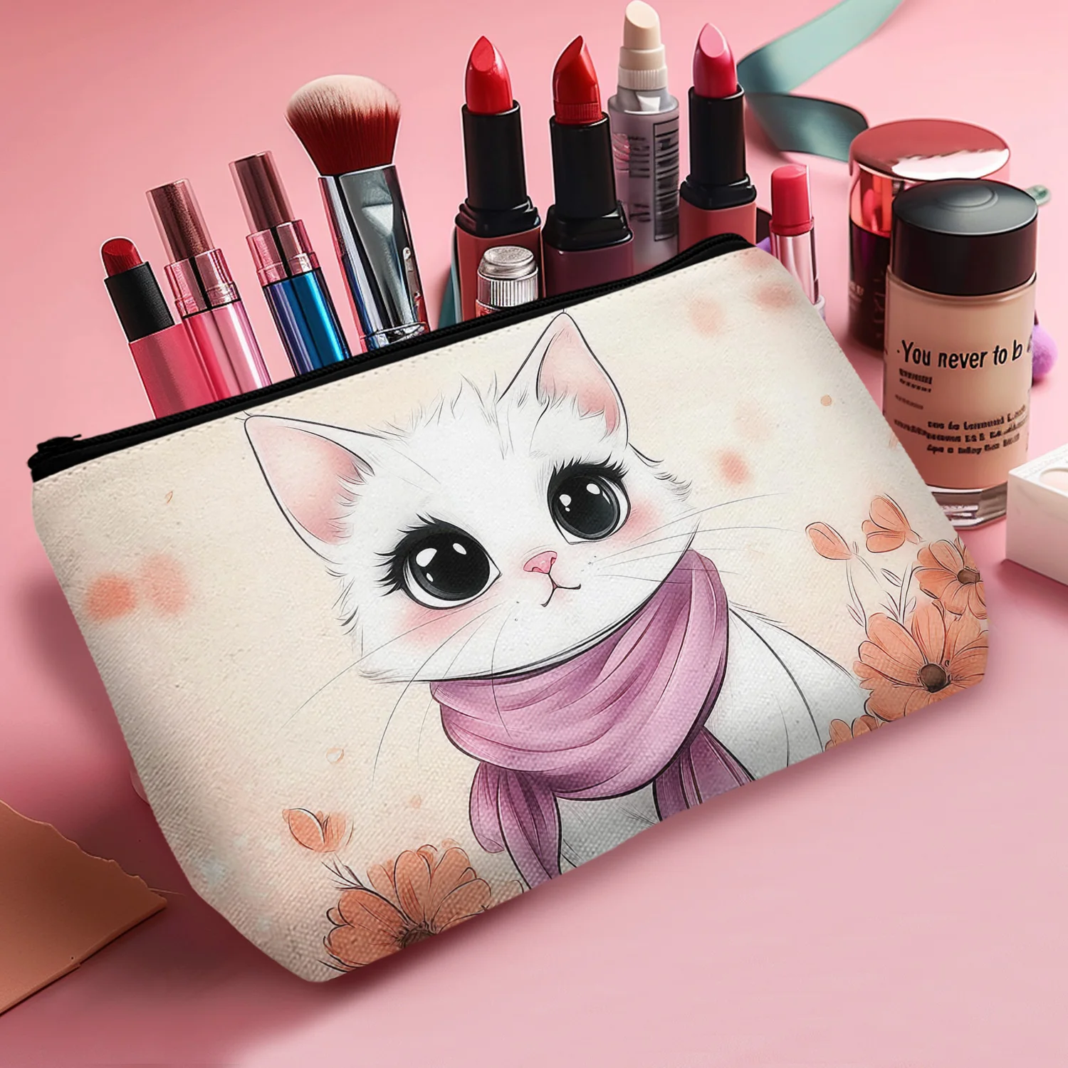 1Pc Charming Cat Animal Lightweight Cosmetic Bag Multifunctional Durable Zipper Portable Women Cosmetic Bag Suitable For Daily