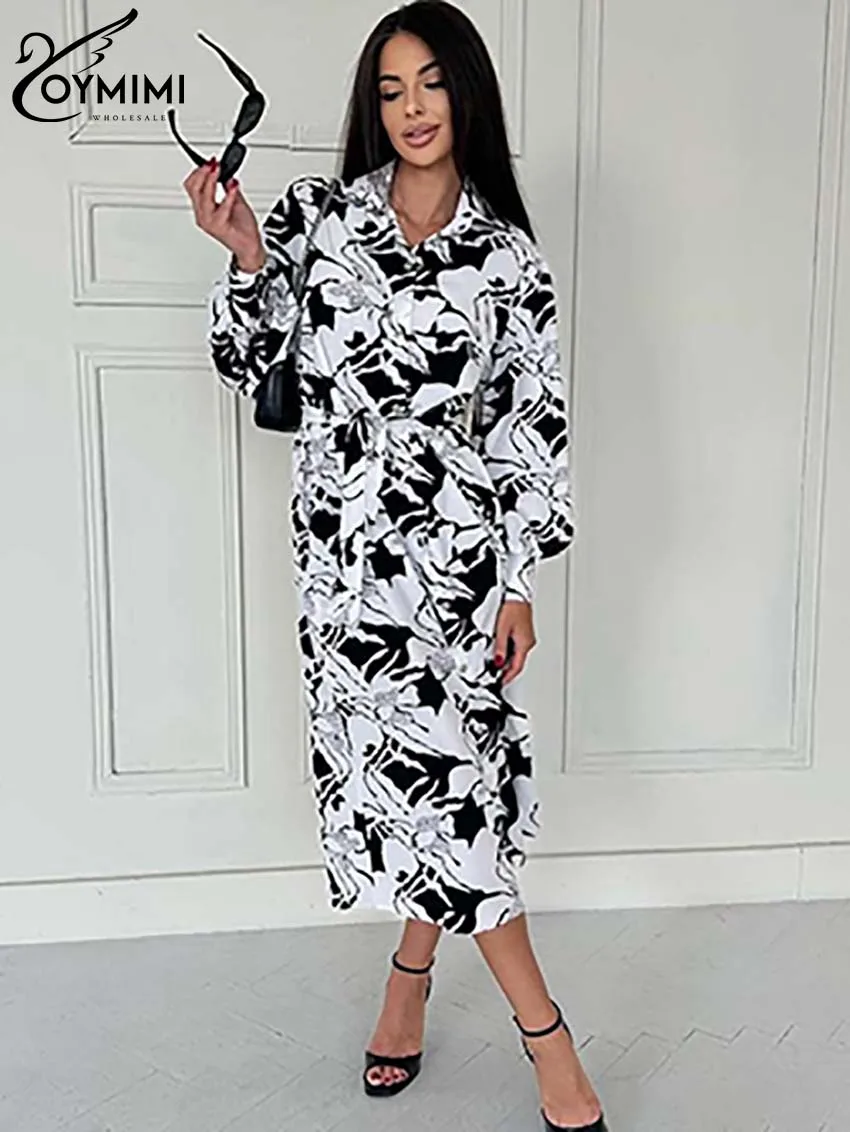 

Oymimi Casual Black Print Dresses 2024 Women Fashion Long Sleeve Single Breasted Dresses Elegant Lace-Up Straight Mid-Calf Dress