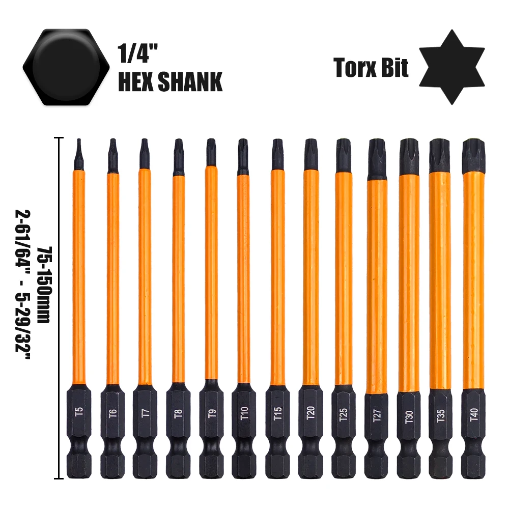 13Pcs Set S2 Alloy Steel Torx Screwdriver Bits T5-T40 Extended Length 75/100/150mm for Electronic Repair And Maintenance