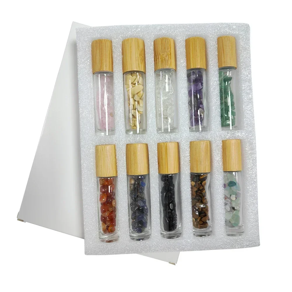 Rolo de óleo essencial de pedra preciosa natural, garrafa de vidro com rolo de perfume com chip de cristal, garrafa recarregável de viagem 10ml com 10 peças