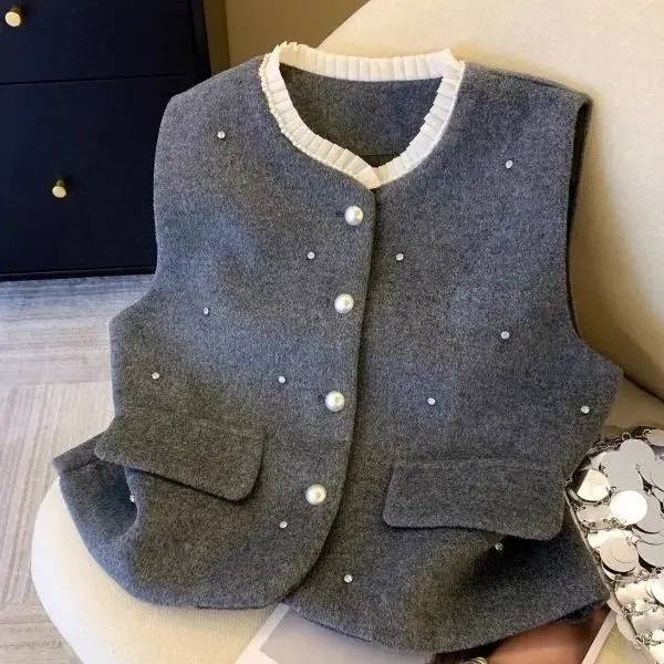French Small Fragrant Style Woolen Vest Coat 2026 Temperament New Sleeveless Jacket O-Neck Tank Top Premium Style Waistcoat