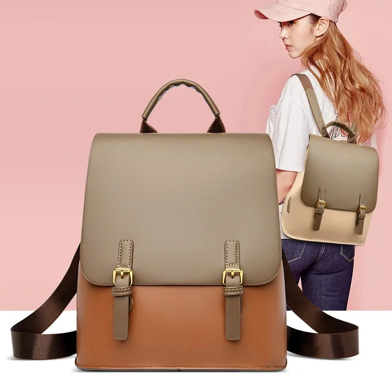 Vintage Leather Women's Backpack Large Capacity College Students For Girls Fashion Trendy Feminina Travel Shoulder Bag